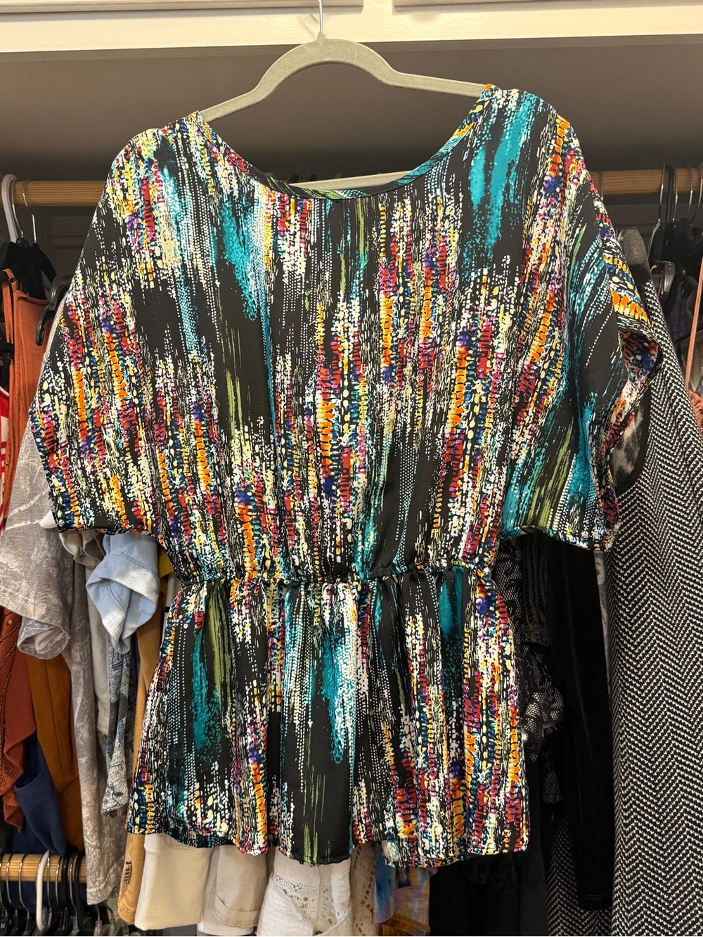 Forever 21 Black Multicolor Brushstroke Silky Blouse